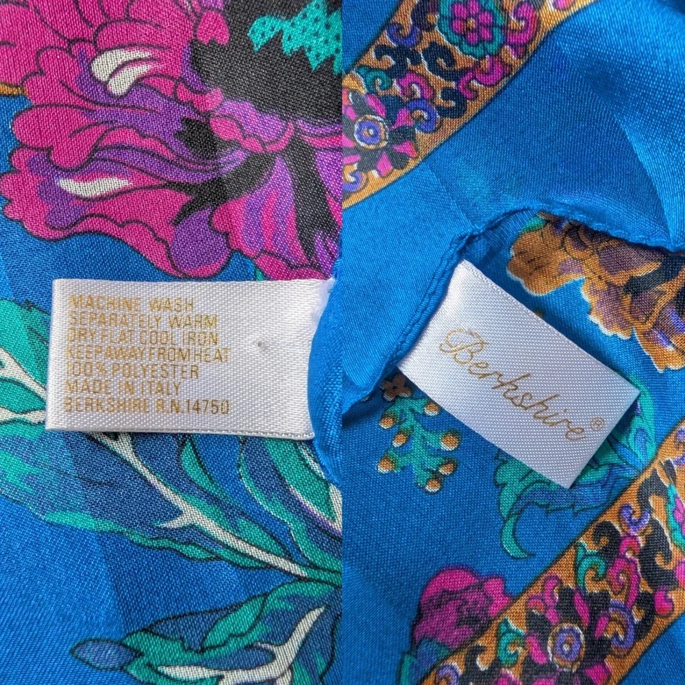 Vtg 80s Italian Accentric Chic Etro Inspired Aqua Blue Floral Satin Square Scarf